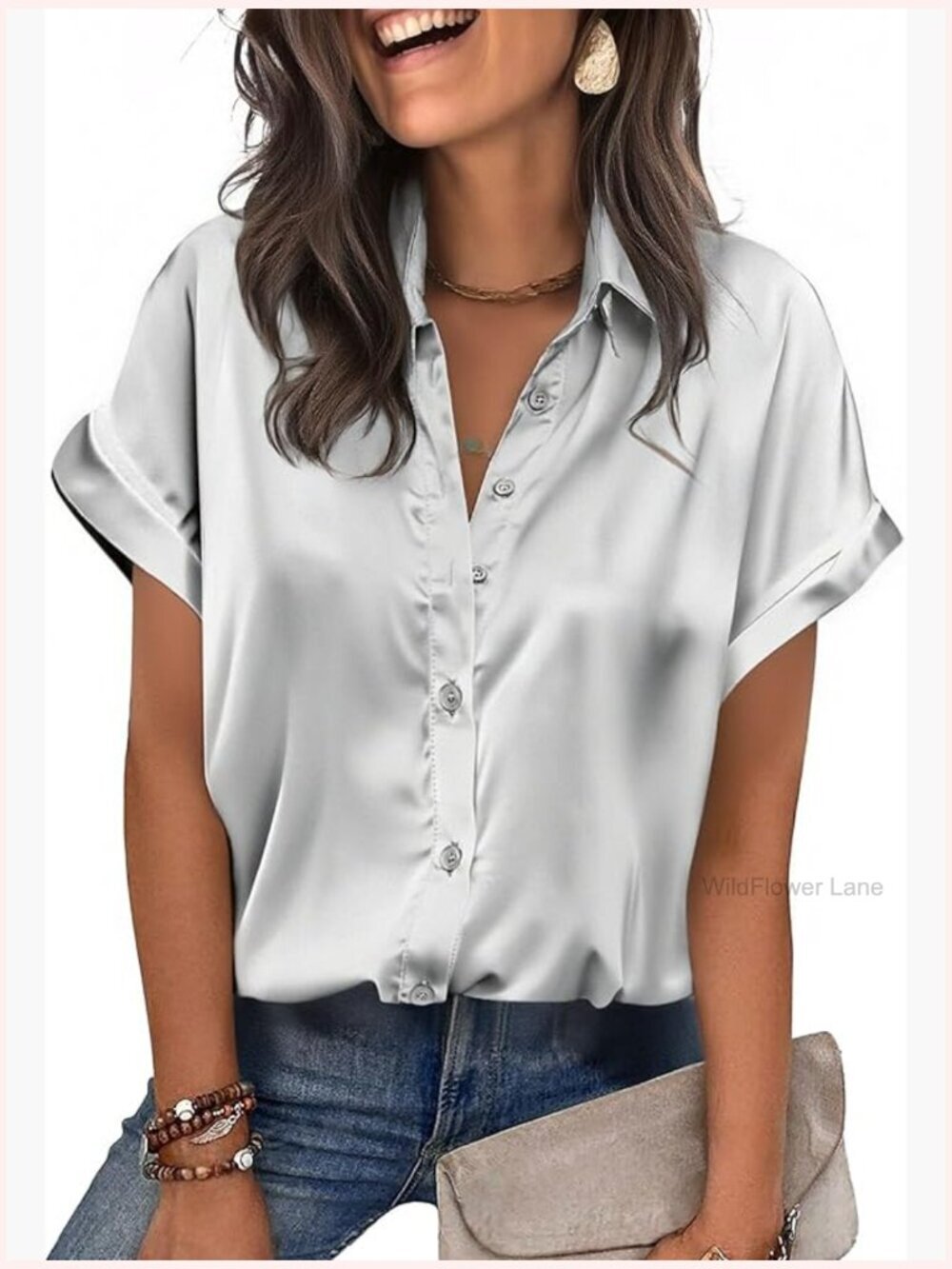 Women's Short Sleeve Silk Blouse Button Down Shirt Business Casual